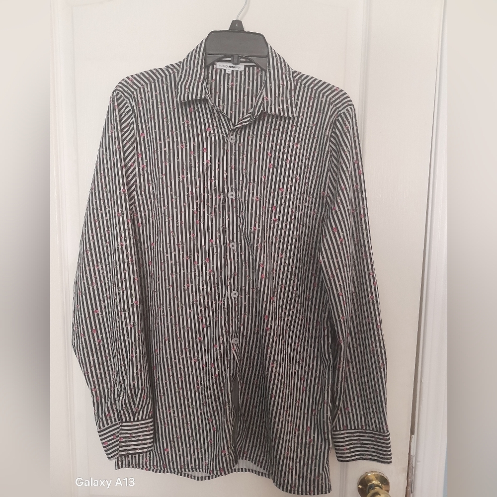 Fashion Nova Black & White Striped Floral Men's Shirt